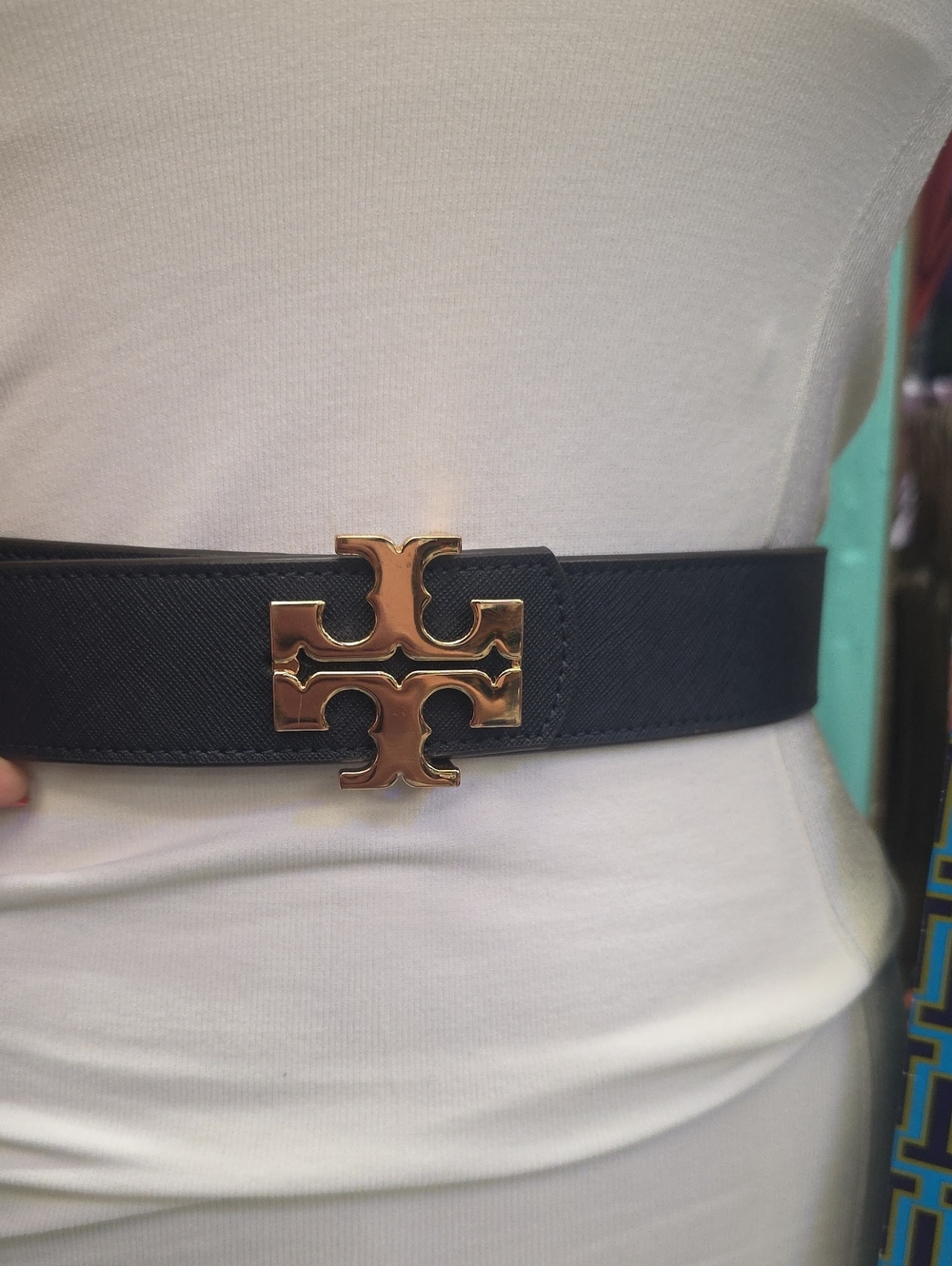 Tory Burch Reverisable Logo Buckle Leather Waist Belt Dark Blue And Tan - Picture 3 of 9